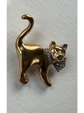 Vintage Butler & Wilson Gold-Tone Cat Brooch with Bow Tie & Emerald Eyes